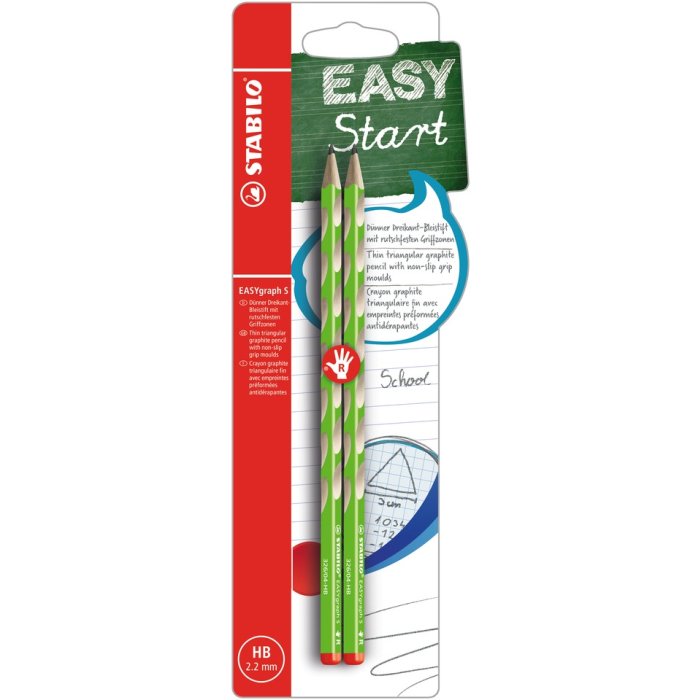 Schmaler Dreikant-Bleistift für Rechtshänder - STABILO EASYgraph S in grün - 2er Pack - Härtegrad HB
