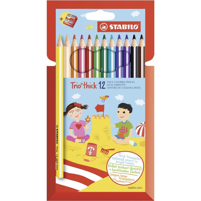 Dreikant-Buntstift - STABILO Trio dick - 12er Pack - mit 12 verschiedenen Farben und Spitzer