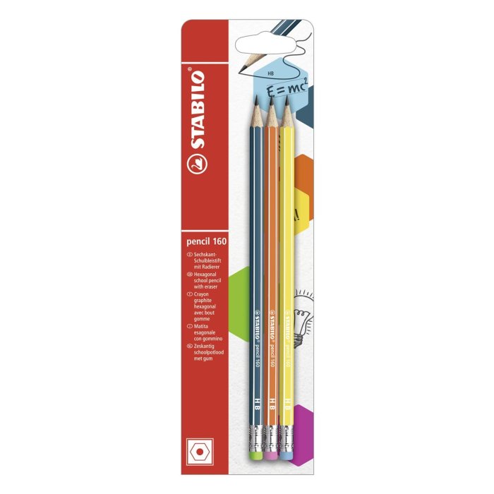 Bleistift mit Radierer - STABILO pencil 160 in petrol, orange, gelb - Härtegrad HB - 3er Pack