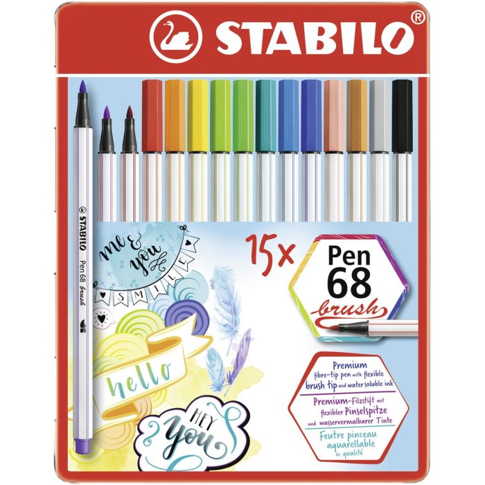 Premium-Filzstift mit Pinselspitze für variable Strichstärken - STABILO Pen 68 brush - 15er Metalletui - mit 15 verschiedenen Farben