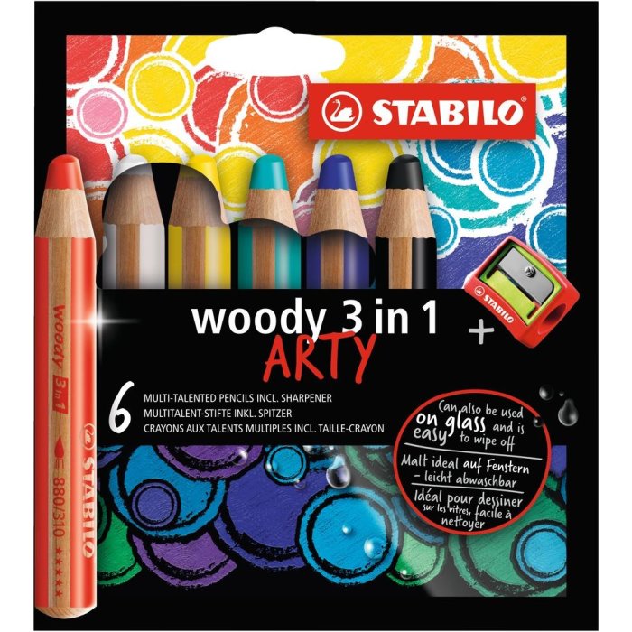 Buntstift, Wasserfarbe & Wachsmalkreide - STABILO woody 3 in 1 - ARTY - 6er Pack - mit 6 verschiedenen Farben und Spitzer