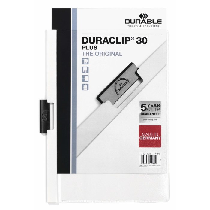 DURABLE obal s klipom a vreckom - DURACLIP PLUS 30 - A4 - biely