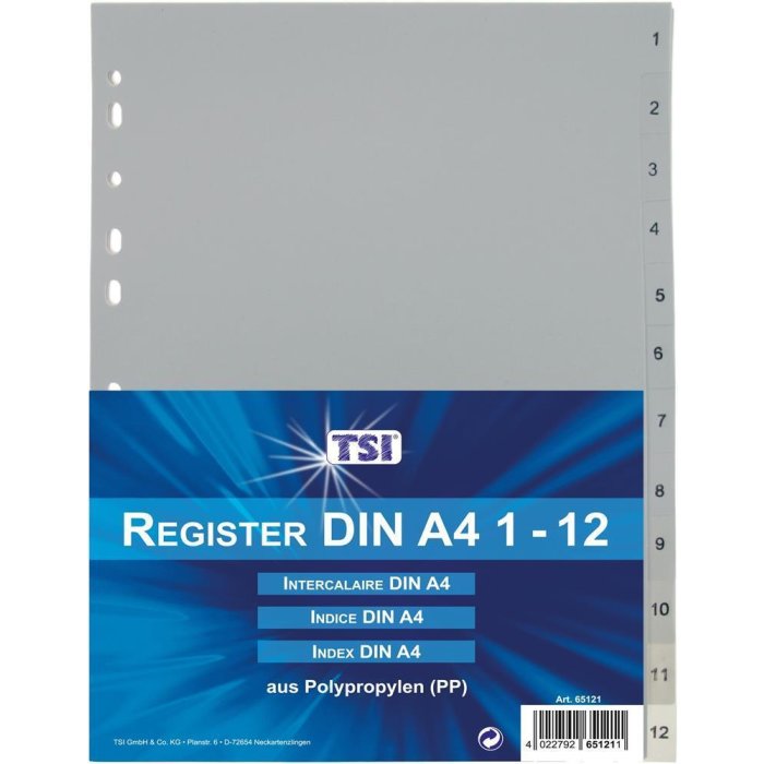TSI Kunststoffregister 12-teilig grau 1 - 12 DIN A4