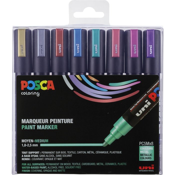 POSCA Acryl Marker PC-5M Mittelfeine Spitze 1,8 - 2,5mm, 8er Set Metallic Colours