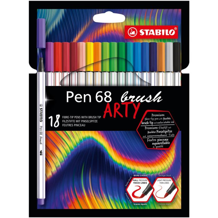 Premium-Filzstift mit Pinselspitze für variable Strichstärken - STABILO Pen 68 brush - ARTY - 18er Pack - mit 18 verschiedenen Farben
