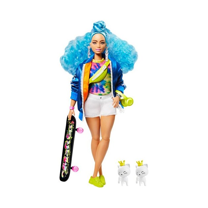 Mattel Barbie Extra Puppe mit blauen Haaren und Skateboard
