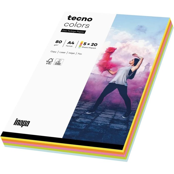 tecno Multifunktionspapier colors, A4, 80 g/qm,Pastellfarben 100 Blatt
