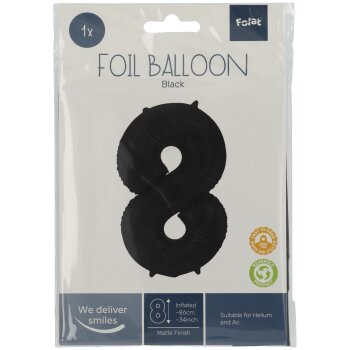Folat Folienballon Ziffer / Zahl 8 Schwarz Metallic Matt - 86 cm