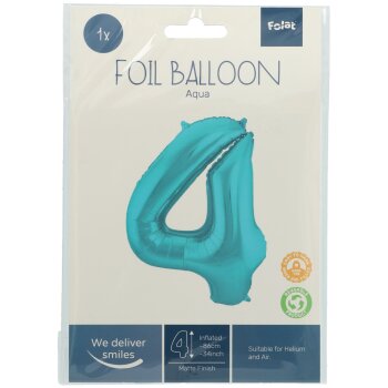 Folat Folienballon Ziffer / Zahl 4 Pastell Aqua Metallic...