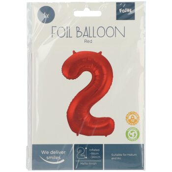 Folat Folienballon Ziffer / Zahl 2 Rot Metallic Matt - 86 cm