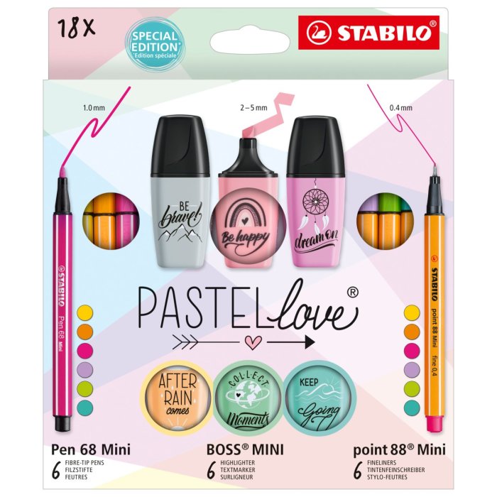 Stifte-Set – STABILO Pastellove Set – 18er Pack - Fineliner, Premium-Filzstifte & Textmarker