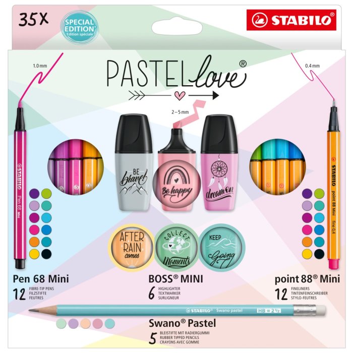 Stifte-Set – STABILO Pastellove Set – 35er Pack – Fineliner, Premium-Filzstifte, Textmarker & Bleistifte