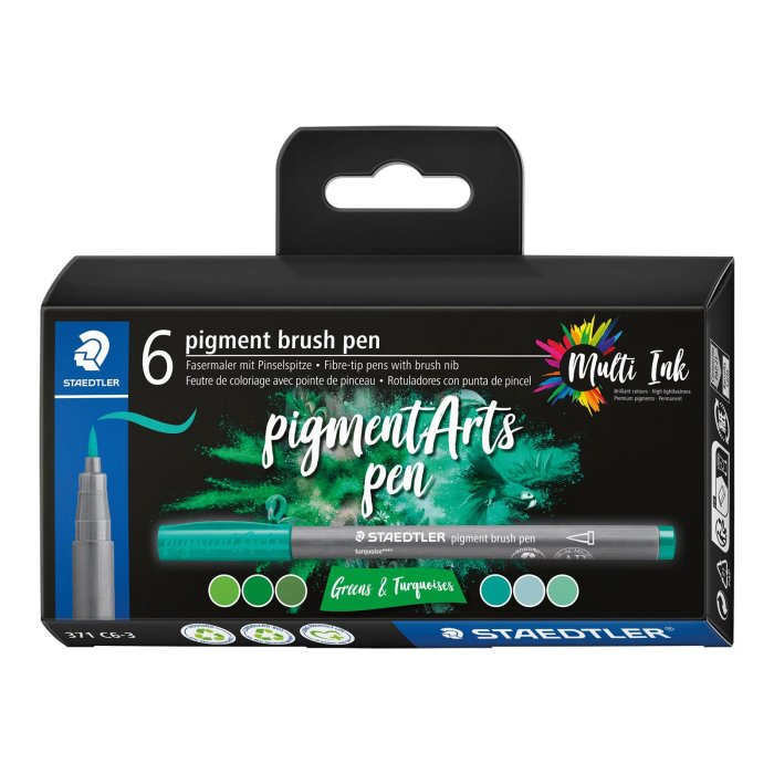STAEDTLER Fasermaler pigment brush pen 6er Etui "Greens & Turquoises"