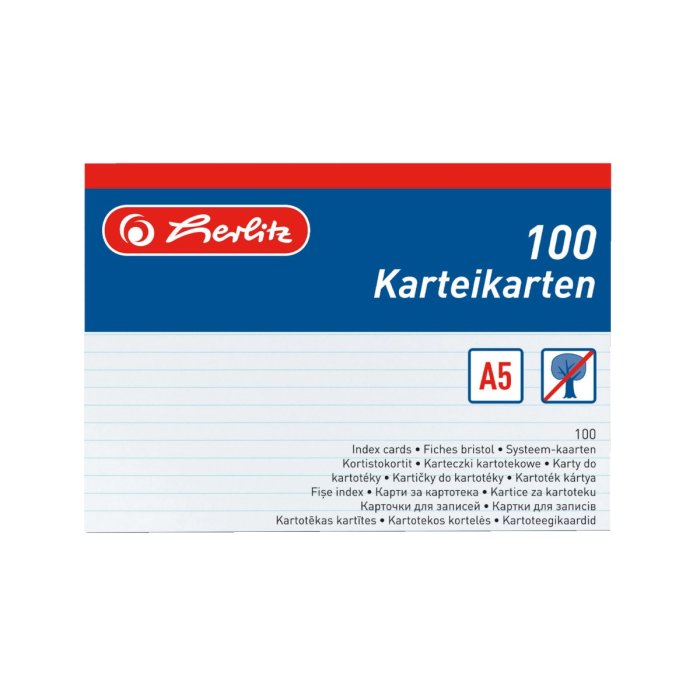 herlitz kartotékové / indexové kartičky - A5 - 100 ks - linajkové - biele