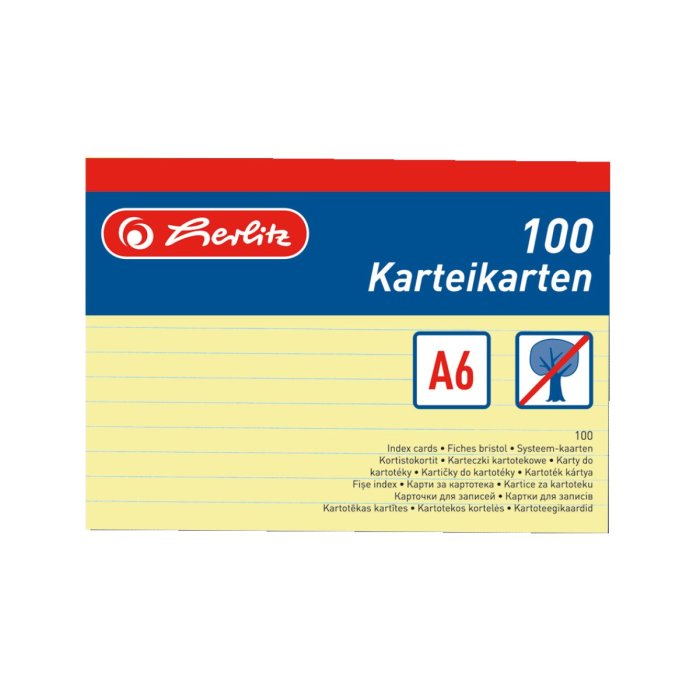 herlitz kartotékové / indexové kartičky - A6 - 100 ks - linajkové - žlté