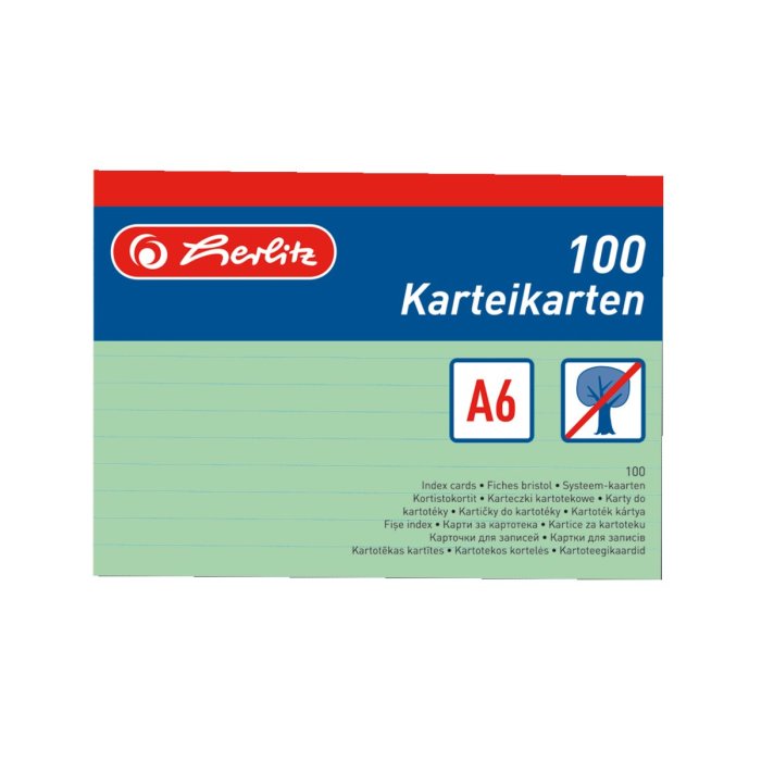 herlitz kartotékové / indexové kartičky - A6 - 100 ks - linajkové - zelené