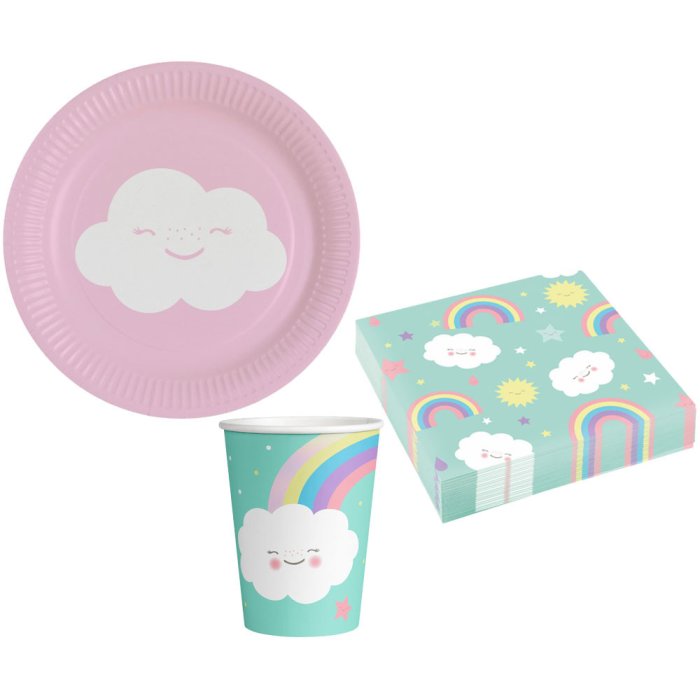 Party-Set 36-teilig "Rainbow and Cloud" pink, green 18 cm