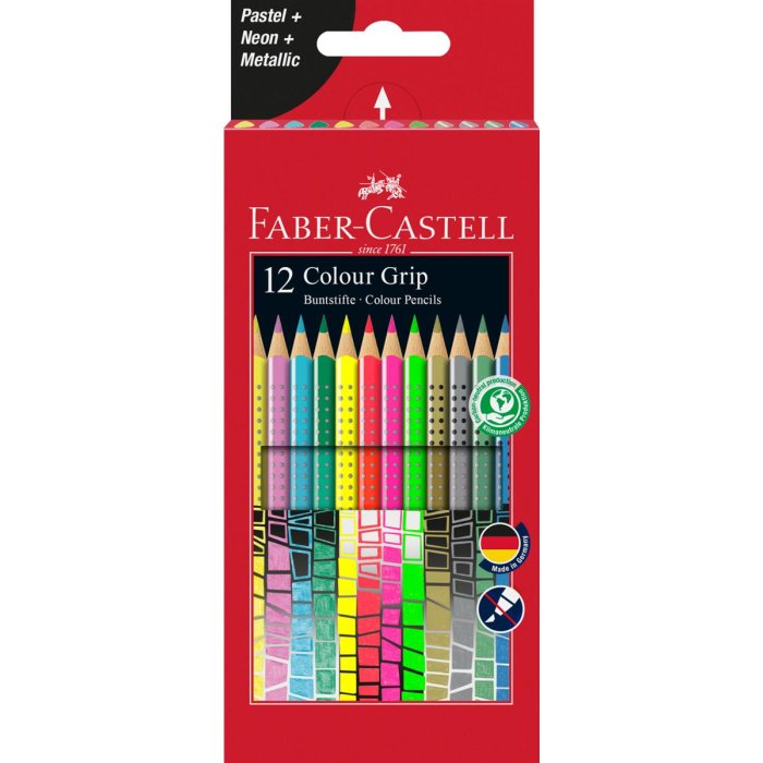 FABER-CASTELL Dreikant-Buntstifte Colour GRIP Pastell, Neon, Metallic 12er